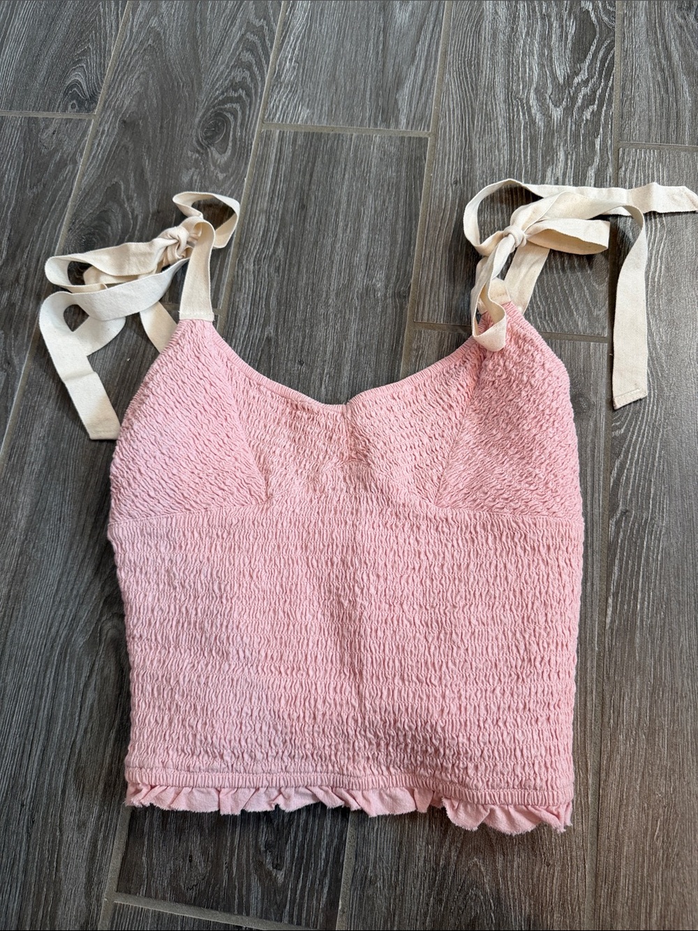 Free People Pink Smocked linen Tie-Shoulder Cropped camisole Top size small EUC